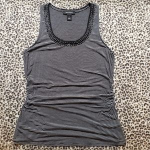 WHBM Black & White Stripe Beaded Embellished Scoop Neck Shell Tank, Size L, GUC